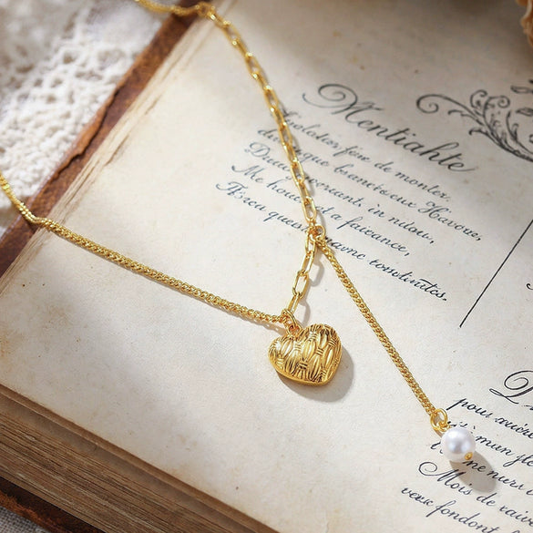 Wholesale Light Luxury Geometric Heart Stainless Steel Electroplated Pendant Chain Necklace And Tassel Shell Pearl Earrings For Women