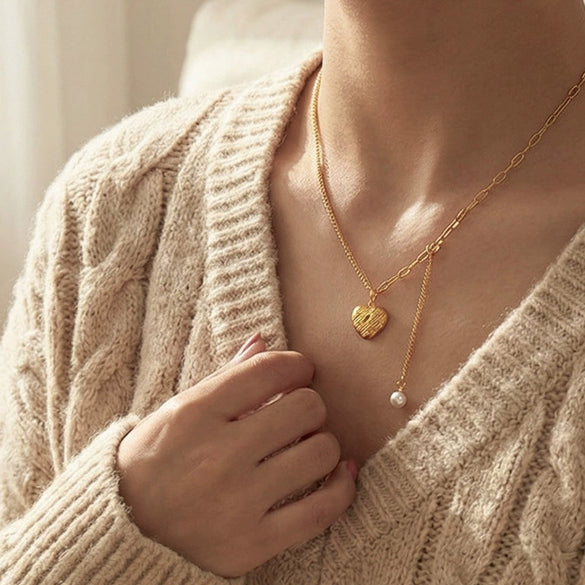 Wholesale Light Luxury Geometric Heart Stainless Steel Electroplated Pendant Chain Necklace And Tassel Shell Pearl Earrings For Women