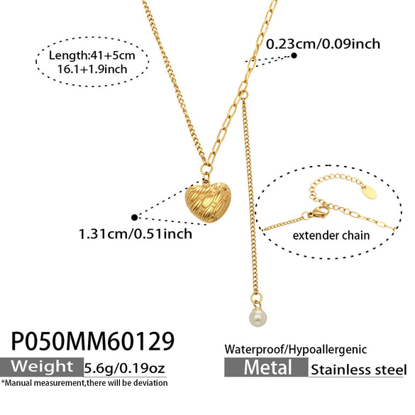 Wholesale Light Luxury Geometric Heart Stainless Steel Electroplated Pendant Chain Necklace And Tassel Shell Pearl Earrings For Women