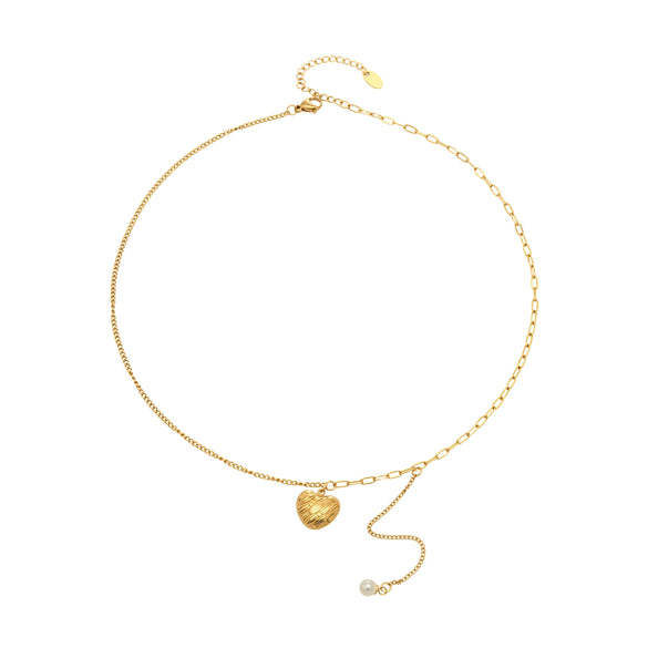 Wholesale Light Luxury Geometric Heart Stainless Steel Electroplated Pendant Chain Necklace And Tassel Shell Pearl Earrings For Women