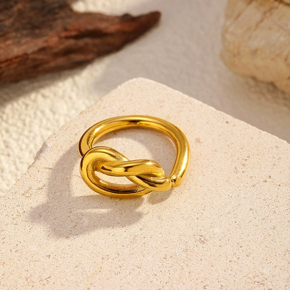 Wholesale Light Luxury Geometric Knotted Open Ring For Women Stainless Steel Vacuum Real Gold Plated