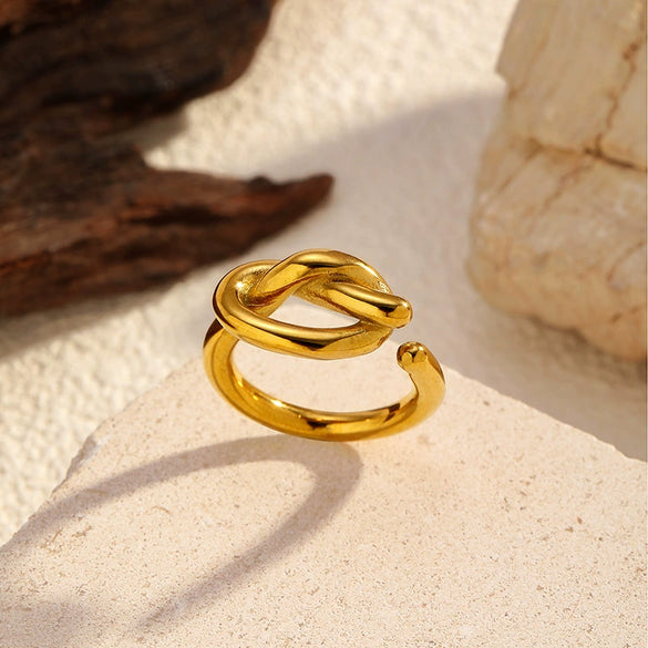 Wholesale Light Luxury Geometric Knotted Open Ring For Women Stainless Steel Vacuum Real Gold Plated