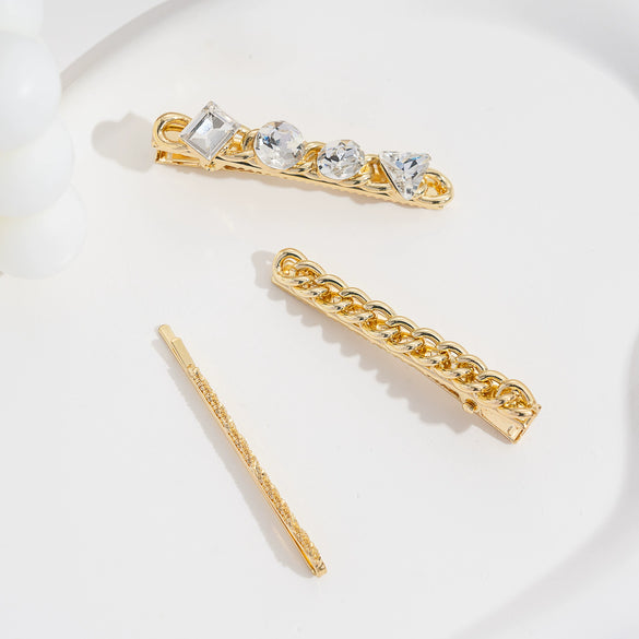 Wholesale Light Luxury Geometric Metal Artificial Crystal Duckbill Clip Hair Accessories Set With Electroplating
