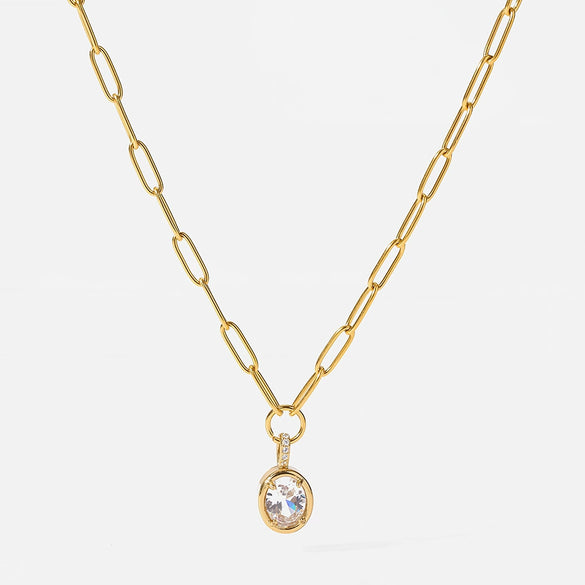 Wholesale Light Luxury Geometric Oval Zircon Pendant Clavicle Chain 18K Gold Plated Stainless Steel Necklace For Women