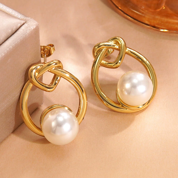 Wholesale Light Luxury Geometric Pearl Stainless Steel Electroplated Earrings For Women