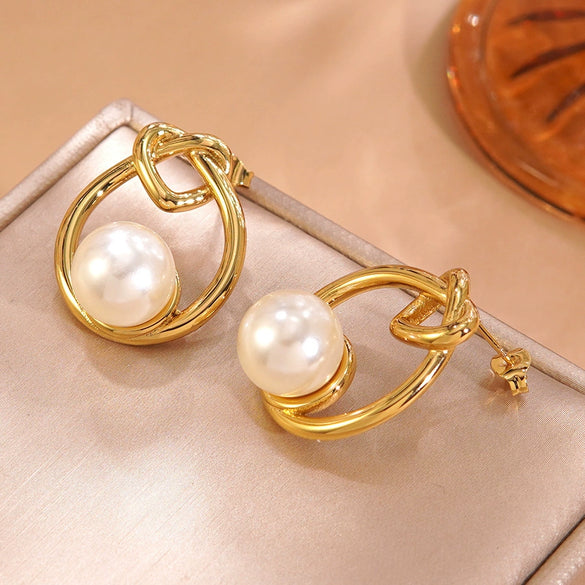 Wholesale Light Luxury Geometric Pearl Stainless Steel Electroplated Earrings For Women