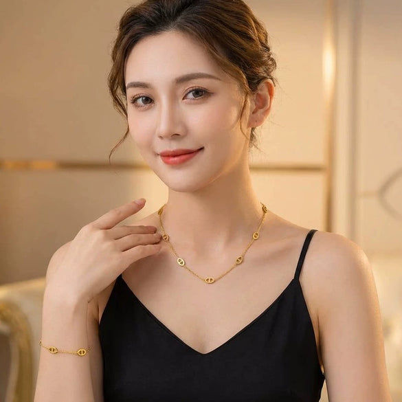 Wholesale Light Luxury Geometric Real Gold Plated Titanium Steel Necklace And Bracelet For Women With Letters Numbers Text Patterns