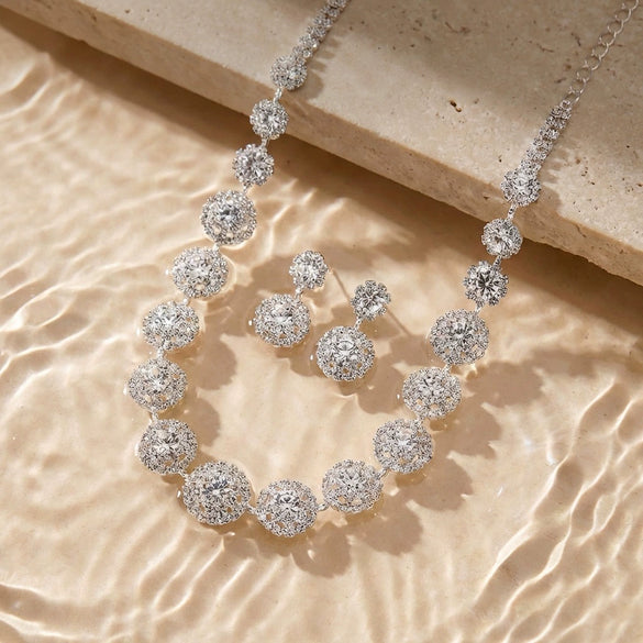 Wholesale Light Luxury Geometric Rhinestone And Copper Electroplated Necklace And Earrings Set For Women