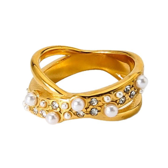 Wholesale Light Luxury Geometric Rhinestone Imitation Pearl 18K Goldplated Stainless Steel Ring For Women