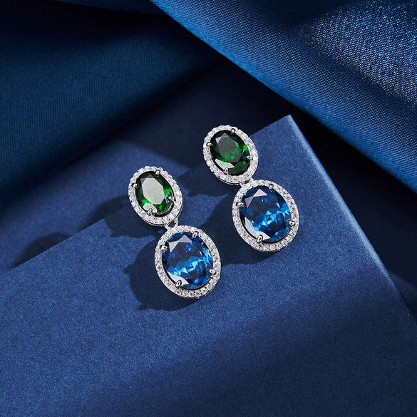 Wholesale Light Luxury Geometric S925 Sterling Silver Electroplated Earrings With Zirconium Emerald Sapphire