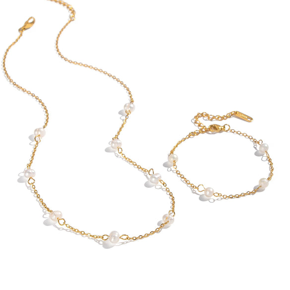 Wholesale Light Luxury Geometric Sea Life Pattern Electroplated Stainless Steel Pearl Beaded Necklace And Bracelet Jewelry For Girls