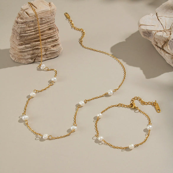 Wholesale Light Luxury Geometric Sea Life Pattern Electroplated Stainless Steel Pearl Beaded Necklace And Bracelet Jewelry For Girls