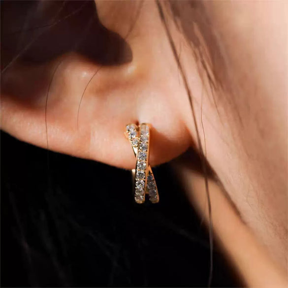 Wholesale Light Luxury Geometric Silver S925 Diamond Double Row Cross Earrings Plated With 18K Gold For Women