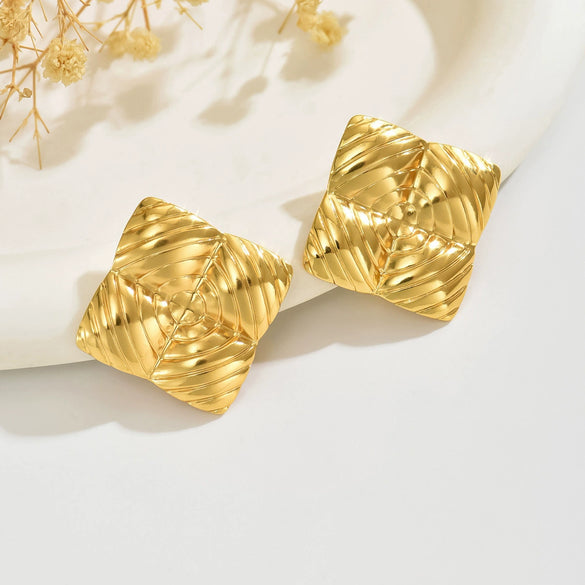 Wholesale Light Luxury Geometric Square Texture Stainless Steel Stamped Earrings For Women