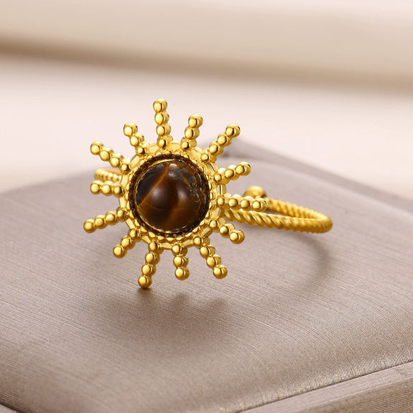 Wholesale Light Luxury Geometric Stainless Steel Amber Natural Stone Ring With Electroplating For Women