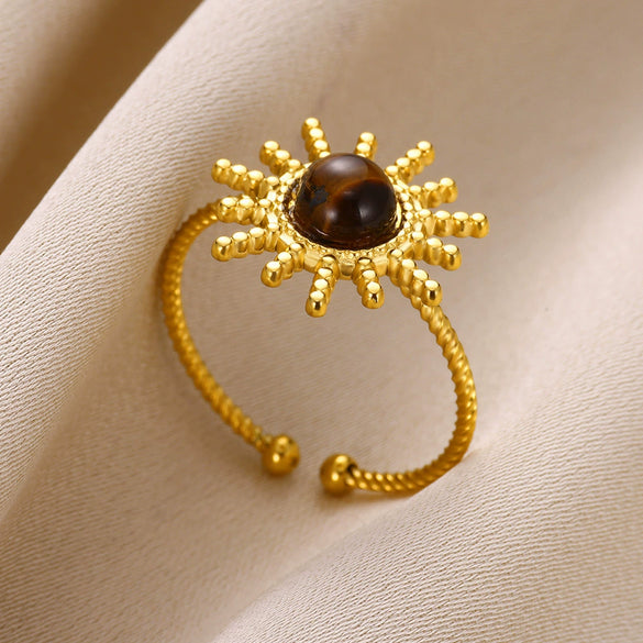 Wholesale Light Luxury Geometric Stainless Steel Amber Natural Stone Ring With Electroplating For Women