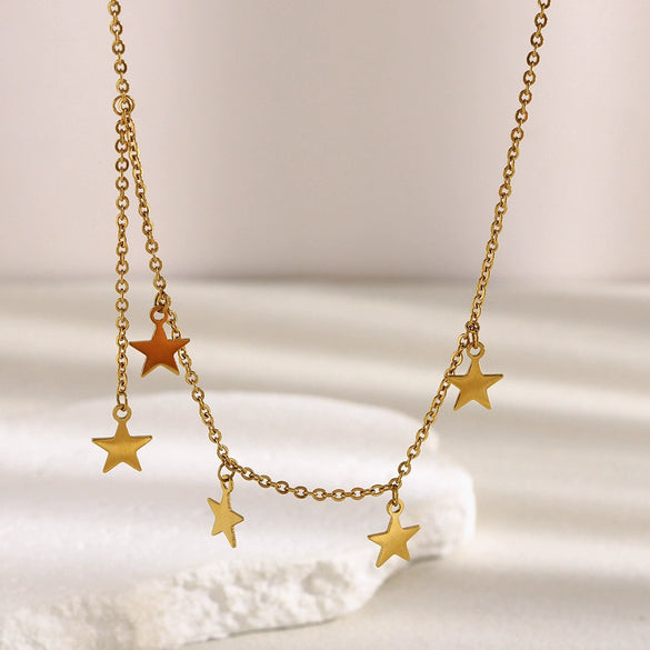Wholesale Light Luxury Geometric Stainless Steel Electroplated 18K Gold Fivepointed Star Tassel Necklace For Women