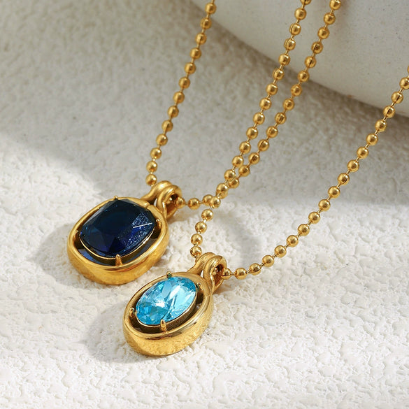 Wholesale Light Luxury Geometric Stainless Steel Electroplated 18K Gold Mirror Blue Zirconium Bead Chain Necklace For Women