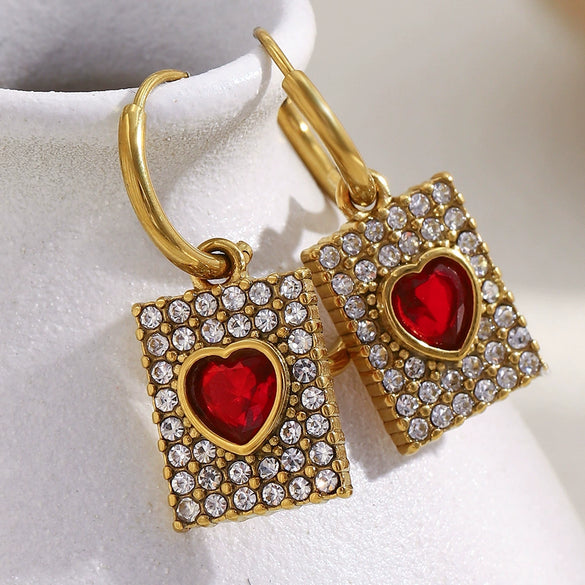 Wholesale Light Luxury Geometric Stainless Steel Electroplated 18K Gold Square Red Heart Earrings For Women