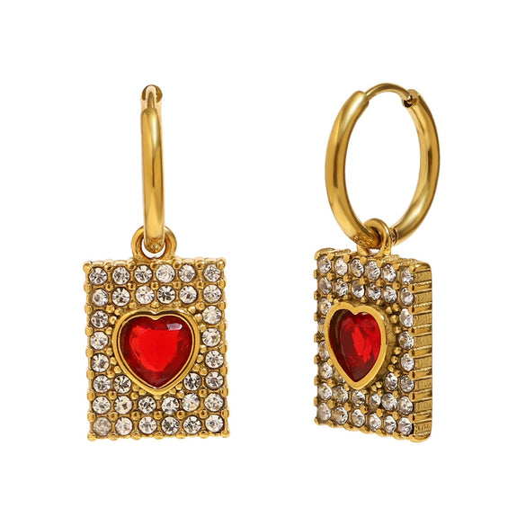 Wholesale Light Luxury Geometric Stainless Steel Electroplated 18K Gold Square Red Heart Earrings For Women