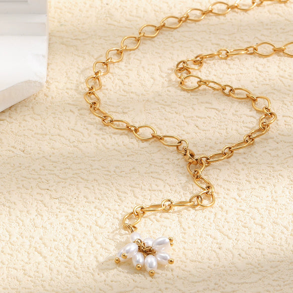 Wholesale Light Luxury Geometric Stainless Steel Electroplated Pearl Tassel Necklace For Women