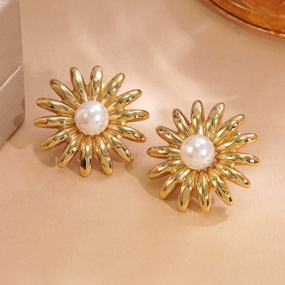 Wholesale Light Luxury Geometric Stainless Steel Electroplated Sunflower Earrings For Women