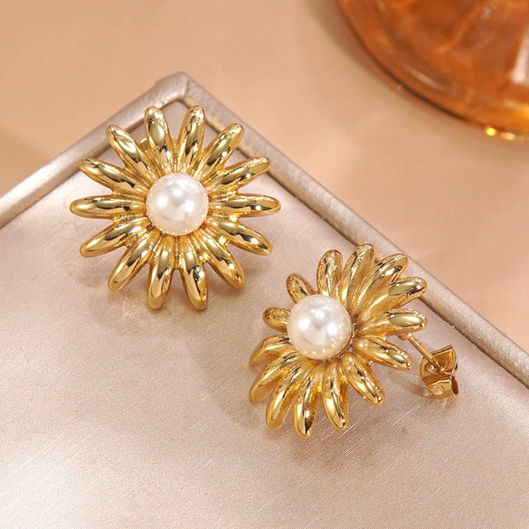 Wholesale Light Luxury Geometric Stainless Steel Electroplated Sunflower Earrings For Women