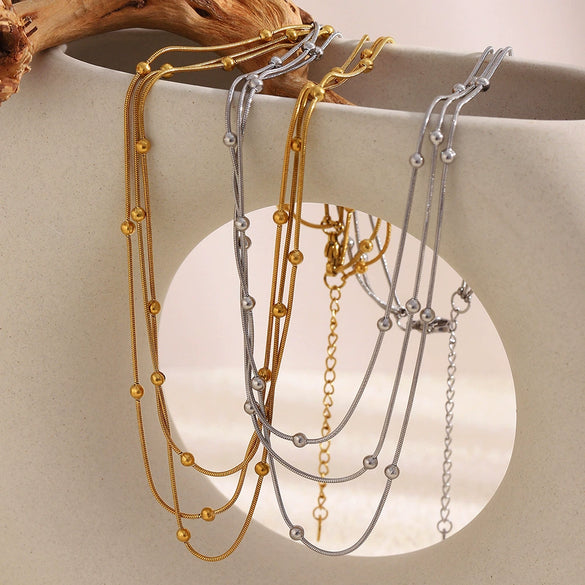 Wholesale Light Luxury Geometric Stainless Steel Electroplated Threelayer Beaded Snake Chain Necklace For Women