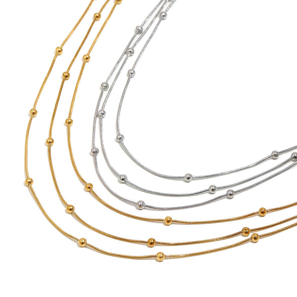 Wholesale Light Luxury Geometric Stainless Steel Electroplated Threelayer Beaded Snake Chain Necklace For Women