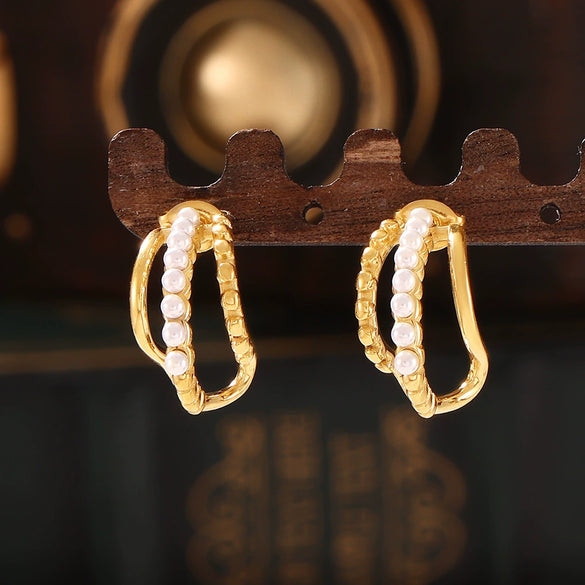 Wholesale Light Luxury Geometric Stainless Steel Imitation Pearl Electroplated Multilayer Hollow Vintage Earrings For Women