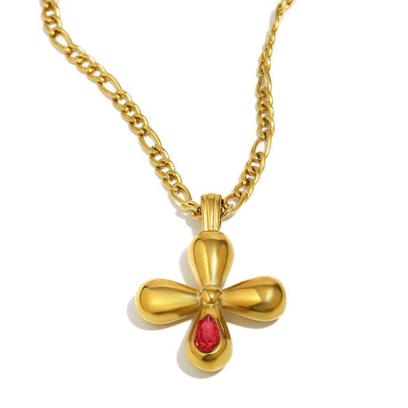 Wholesale Light Luxury Geometric Stainless Steel 18K Gold Plated Cross Red Zirconium Pendant Necklace For Women