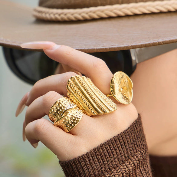 Wholesale Light Luxury Geometric Stainless Steel Ring Set For Women With Pvd Real Gold Plating
