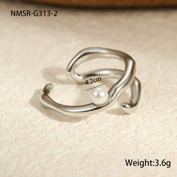 Wholesale Light Luxury Geometric Stainless Steel Ring With Imitation Pearl And Electroplating