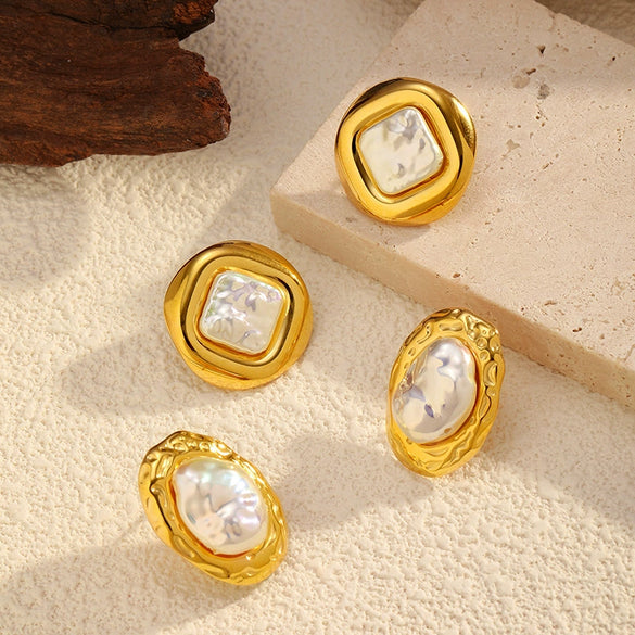 Wholesale Light Luxury Geometric Stainless Steel Titanium Steel Pearl Ear Studs For Women With Pvd Furnace Vacuum Real Gold Plating