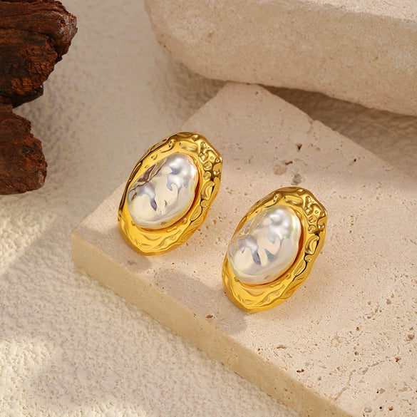 Wholesale Light Luxury Geometric Stainless Steel Titanium Steel Pearl Ear Studs For Women With Pvd Furnace Vacuum Real Gold Plating