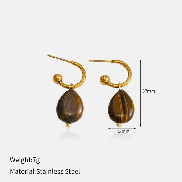Wholesale Light Luxury Geometric Tiger Eye Stone Stainless Steel Vacuum Real Gold Plated Earrings For Women