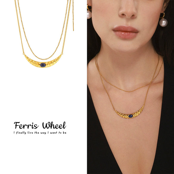 Wholesale Light Luxury Geometric Titanium Steel And Lapis Lazuli Ferris Wheel Crescentshaped Doublelayer Necklace With Electroplated Texturised Bead Earrings For Women