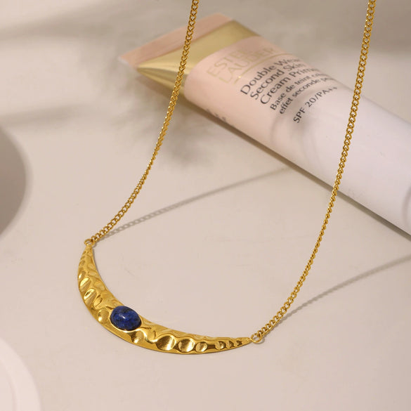 Wholesale Light Luxury Geometric Titanium Steel And Lapis Lazuli Ferris Wheel Crescentshaped Doublelayer Necklace With Electroplated Texturised Bead Earrings For Women