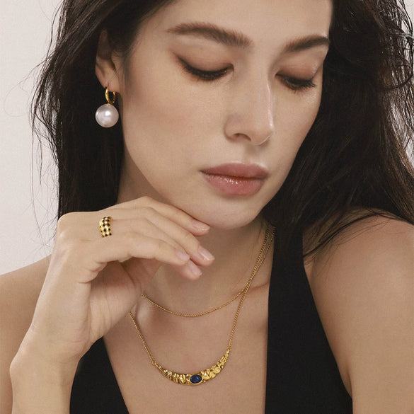 Wholesale Light Luxury Geometric Titanium Steel And Lapis Lazuli Ferris Wheel Crescentshaped Doublelayer Necklace With Electroplated Texturised Bead Earrings For Women