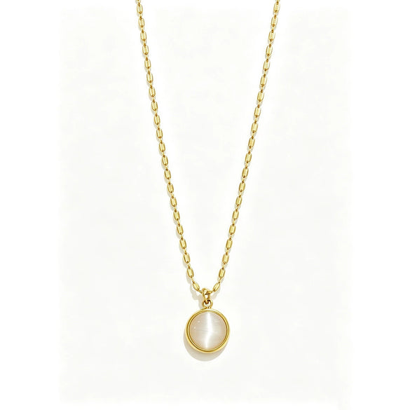 Wholesale Light Luxury Geometric Titanium Steel Cat's Eye Stone Round Pendant Necklace With Rice Chain For Women Real Gold Plated