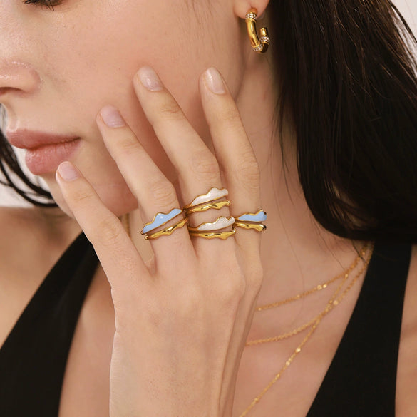 Wholesale Light Luxury Geometric Wave Stainless Steel Electroplated Real Gold Plated Nonfading Doublelayer Opening Ring For Women