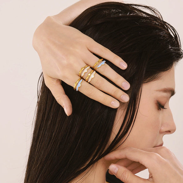 Wholesale Light Luxury Geometric Wave Stainless Steel Electroplated Real Gold Plated Nonfading Doublelayer Opening Ring For Women