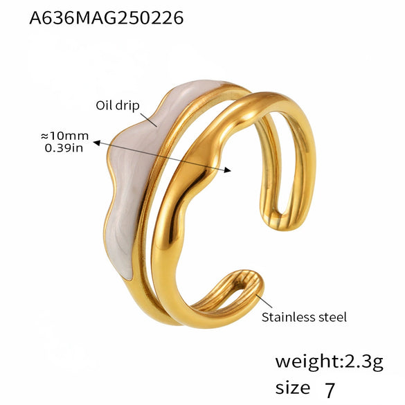 Wholesale Light Luxury Geometric Wave Stainless Steel Electroplated Real Gold Plated Nonfading Doublelayer Opening Ring For Women