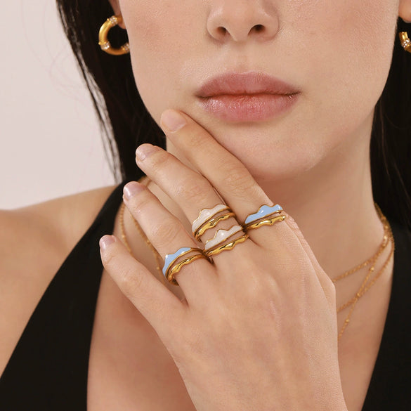 Wholesale Light Luxury Geometric Wave Stainless Steel Electroplated Real Gold Plated Nonfading Doublelayer Opening Ring For Women