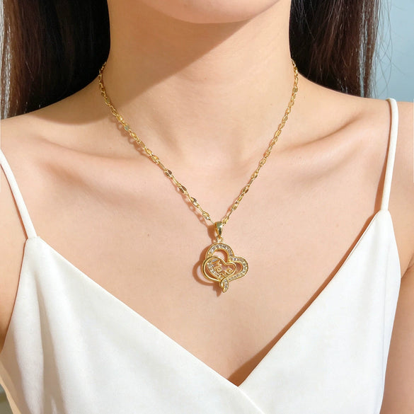 Wholesale Light Luxury Heartshaped Zircon Inlaid Copper Pendant Titanium Steel Water Wave Chain Necklace For Elder Women