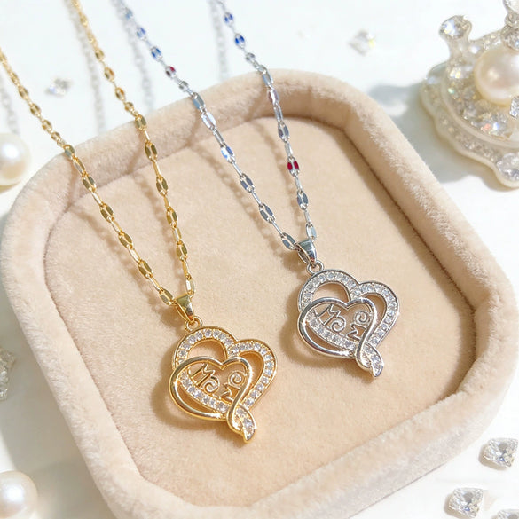Wholesale Light Luxury Heartshaped Zircon Inlaid Copper Pendant Titanium Steel Water Wave Chain Necklace For Elder Women