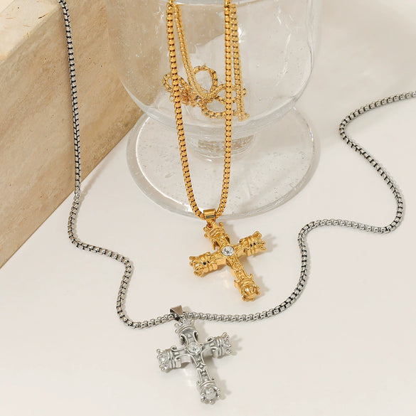 Wholesale Light Luxury High Three Dimensional Cross Pendant Necklace With Double Sided Effect Stainless Steel Pearl Chain Hip Hop Style Electroplating