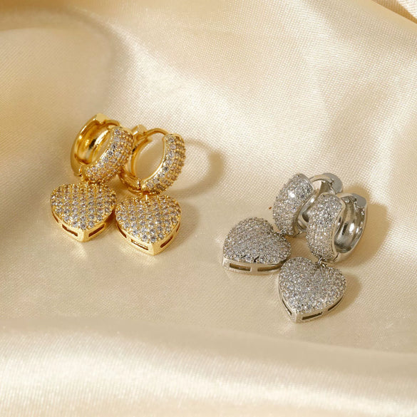 Wholesale Light Luxury Highend Copper Inlaid Zircon Heartshaped Electroplated Women's Earrings
