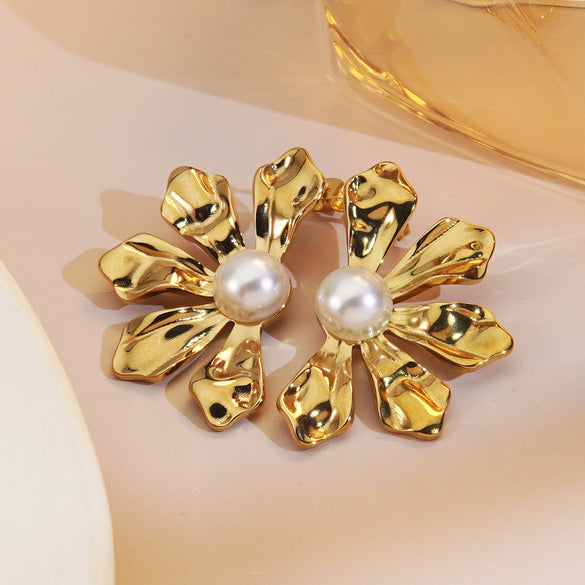 Wholesale Light Luxury Highend Flower Geometric Design Earrings Titanium Steel Jewelry Electroplating