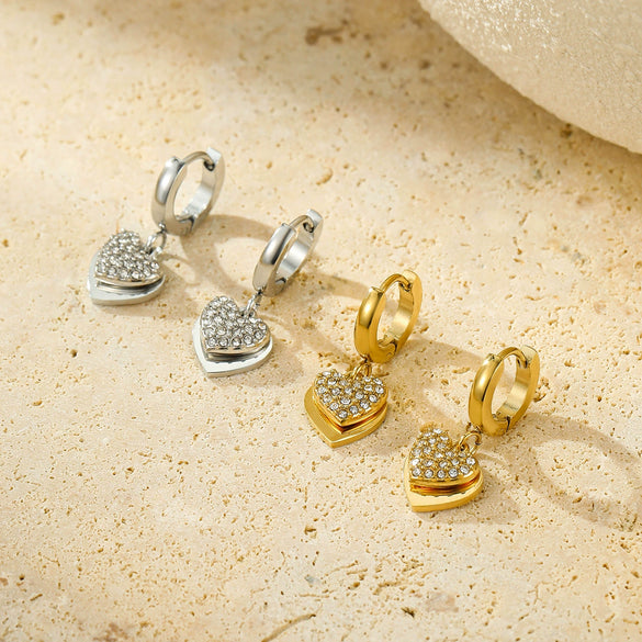 Wholesale Light Luxury Highend Stainless Steel 18K Electroplated Women's Peach Heart Earrings With Micropaved Zircons